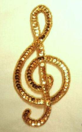 K9304  Lg Gold G Clef Musical note Sequin Beaded Applique 7"