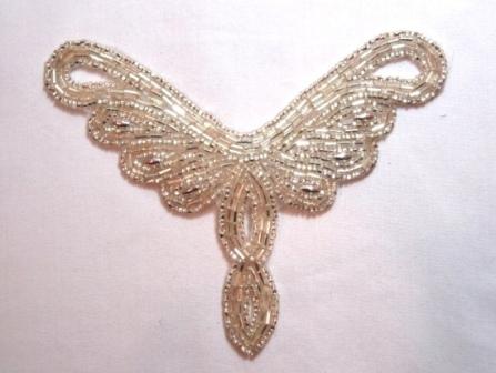 K8107  Silver Collar  Motif  Beaded Applique 5.25"-silver,beaded,applique,appliques,sequin,motif,green,beaded,beads,