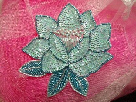 K8108  Blue Opaque Sequin Beaded Applique 5.25"