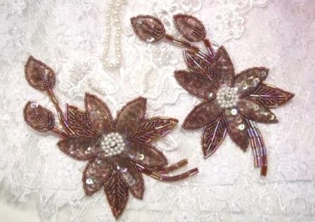 K8109  Bronze AB Mirror Pair Sequin Beaded Appliques 5.5"-embellishment,sewing,clothing,sequin,beaded,bead,sequins,applique,motif,bronze,ab,,floral,flower,designer,mirror,pair,silver