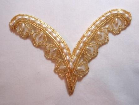 K8114  Gold Pearl Collar Sequin Beaded Applique  5.75"