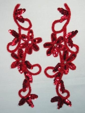 Red Floral Vine 8" Mirror Pair Sequin Beaded Applique  K8119