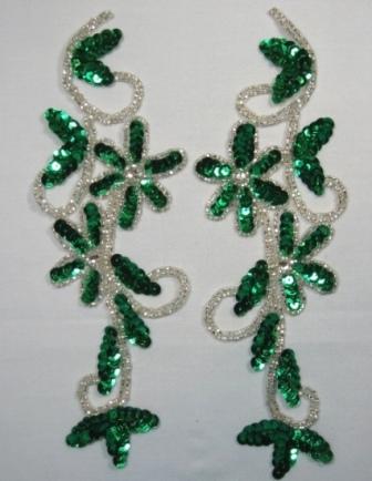 Green Floral Vine 8" Mirror Pair Sequin Beaded Applique  K8119