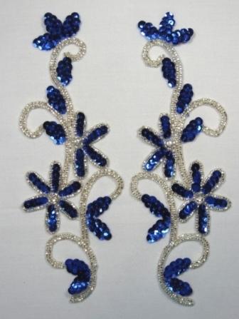 Blue Floral Vine 8" Mirror Pair Sequin Beaded Applique  K8119