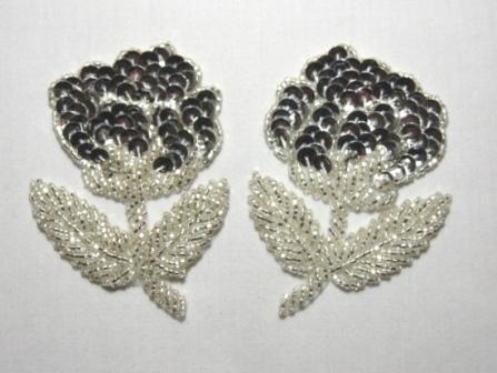 K8126  Silver  Mirror Pair Sequin Beaded Appliques 3.25"-silver,flower,floral,sequin,beaded,applique,embellishment,motif,mirror,pair,two 