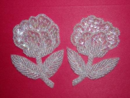 K8126  Crystal AB Flower Mirror Pair Sequin Beaded Appliques 3.25"-crystal,ab,flower,floral,sequin,beaded,applique,embellishment,motif,mirror,pair,two 