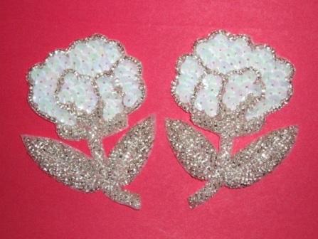 K8126  White AB  Flower Mirror Pair Sequin Beaded Appliques 3.25"-white,ab,flower,floral,sequin,beaded,applique,embellishment,motif,mirror,pair,two 
