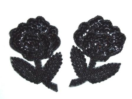 K8126  Black Flower Mirror Pair Sequin Beaded Appliques 3.25"