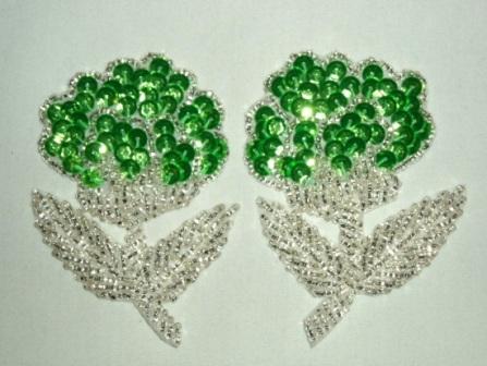 K8126  Neon Lime Green Flower Mirror Pair Sequin Beaded Appliques 3.25"-neon,lime,green,flower,floral,sequin,beaded,applique,embellishment,motif,mirror,pair,two 