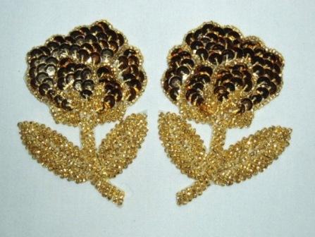 K8126  Gold Flower Mirror Pair Sequin Beaded Appliques 3.25"-gold,flower,floral,sequin,beaded,applique,embellishment,motif,mirror,pair,two 