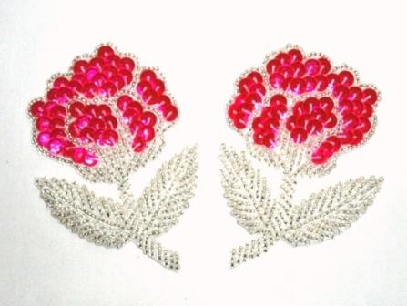 K8126  Neon Pink  Flower Mirror Pair Sequin Beaded Appliques 3.25"