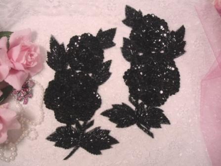 K8127  Black Rose Mirror Pair Sequin Beaded Appliques 8.25"