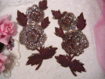 K8127  Bronze AB Rose Mirror Pair Sequin Beaded Appliques 8.25"-sequin,beaded,applique,trimmings,embellishment,bronze,ab,flower,floral,cluster,rose,motif