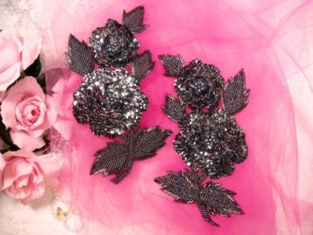 K8127  Gunmetal Rose Mirror Pair Sequin Beaded Appliques 8.25"-sequin,beaded,applique,trimmings,embellishment,gunmetal,black,flower,floral,cluster,rose,motif