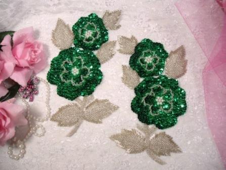 K8127  Green Rose Mirror Pair Sequin Beaded Appliques 8.25"-sequin,beaded,applique,trimmings,embellishment,green,flower,floral,cluster,rose,motif
