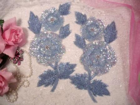 K8127  Blue Crystal AB Rose Mirror Pair Sequin Beaded Appliques 8.25"-sequin,beaded,applique,trimmings,embellishment,blue,flower,floral,cluster,rose,motif,crystal,ab,light