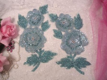 K81 Blue Opaque AB  Rose Mirror Pair Sequin Beaded Appliques 8.25"-sequin,beaded,applique,trimmings,embellishment,blue,flower,floral,cluster,rose,motif,opaque