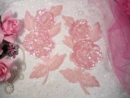 K8127  Pink Crystal AB Rose Mirror Pair Sequin Beaded Appliques 8.25"-sequin,beaded,applique,trimmings,embellishment,pink,flower,floral,cluster,rose,motif,crystal,ab