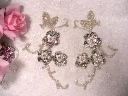 K8131  Silver Rhinestone Mirror Pair Sequin Beaded Appliques 6"