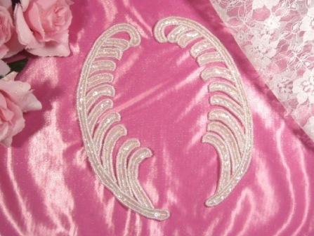 K8134  Crystal AB Mirror Pair Beaded Sequin Applique 7.5"-mirror,pair,claw,curl,crystal,ab,beaded,applique,trimmings,embellishment,motif,beaded,sequin,applique,sequins,beads,