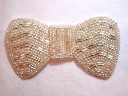 K8137  Silver Bow Beaded Applique 3.75"-silver,sewing,embellishment,sewing,clothing,beaded,bead,applique,motif,sewing,beaded,bow