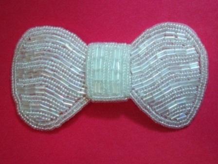 K8137  Crystal AB Bow Beaded Applique 3.75"-crystal,ab,sewing,embellishment,sewing,clothing,beaded,bead,applique,motif,sewing,beaded,bow