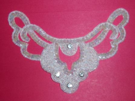 K8250  Crystal AB Rhinestone Collar Beaded Sequin Applique 6.5"-trim,two,pearl,crystal,rhinestone,collar,lace,sequin,beaded,applique,trimmings,embellishment,orange,rhinestone,oval,motif,beaded,sequin,applique,sequins,beads,