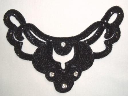 K8250  Black Rhinestone Collar Beaded Sequin Applique 6.5"-trim,two,pearl,black,rhinestone,collar,lace,sequin,beaded,applique,trimmings,embellishment,orange,rhinestone,oval,motif,beaded,sequin,applique,sequins,beads,