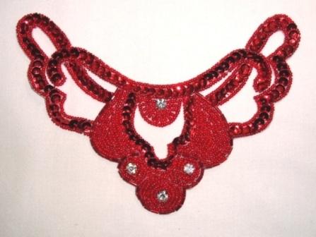 K8250  Red Rhinestone Collar Beaded Sequin Applique 6.5"-trim,two,pearl,red,rhinestone,collar,lace,sequin,beaded,applique,trimmings,embellishment,orange,rhinestone,oval,motif,beaded,sequin,applique,sequins,beads,
