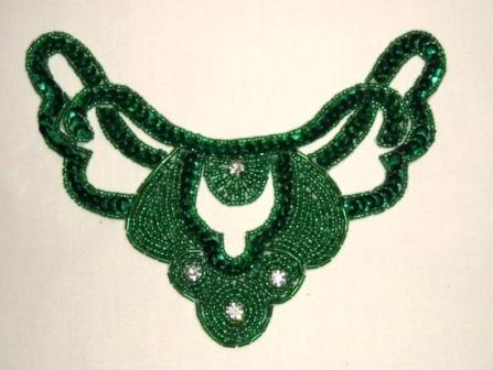 K8250  Kelly Green Rhinestone Collar Beaded Sequin Applique 6.5"-trim,two,pearl,kelly,green,rhinestone,collar,lace,sequin,beaded,applique,trimmings,embellishment,orange,rhinestone,oval,motif,beaded,sequin,applique,sequins,beads,