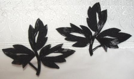K8253  Black Beaded Leaf  Mirror Pair  Appliques 6"-black,sequin,beaded,applique,trimmings,embellishment,motif,gold,nature,leaf,mirror,pair
