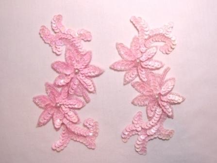 K8254 Pink Opaque Floral Mirror Pair Sequin Beaded Applique 6.25"