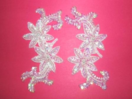 K8254 Crystal Ab Floral Mirror Pair Sequin Beaded Applique 6.25"