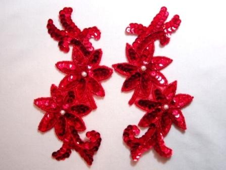 K8254 Red Floral Mirror Pair Sequin Beaded Applique 6.25"