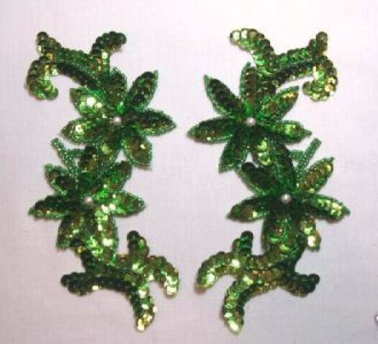 k8254  Green Iris Floral Mirror Pair 6" Sequin Beaded Appliques