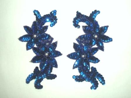 K8254 Royal Blue Floral Mirror Pair Sequin Beaded Applique 6.25"