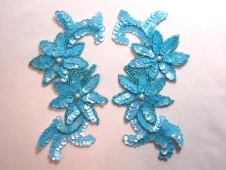 K8254  Blue AB Floral Mirror Pair Beaded Sequin Appliques 6"-trim,two,pearl,blue,venice,venise,lace,sequin,beaded,applique,trimmings,embellishment,orange,motif,mirror,pair,left,right,floral 