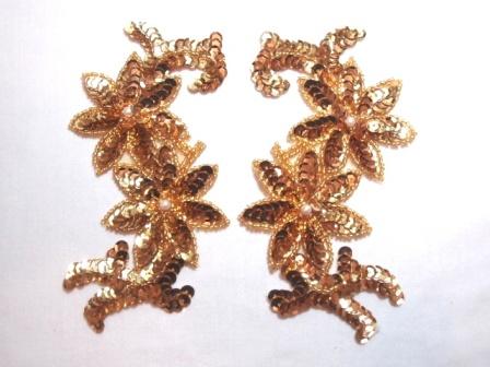 K8254 Gold Floral Mirror Pair Sequin Beaded Applique 6.25"