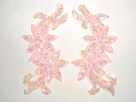K8254 Pink Crystal Floral Mirror Pair Sequin Beaded Applique 6.25"