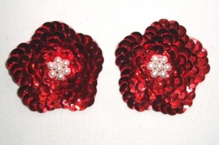 K8261  Set of (2) Red Flower Pair Sequin Beaded Appliques 1.75"