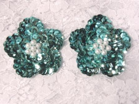 K8261 Set of (2) Teal Flower Pair Sequin Beaded Appliques 1.75"