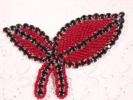 K8264 Red Leaf Rhinestone Beaded Applique 3.5"-red,leaf,rhine,rhinestone,stone,bead,beaded,applique