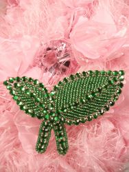 K8264 Green Leaf Rhinestone Beaded Applique 3.5"-green,leaf,rhine,rhinestone,stone,bead,beaded,applique