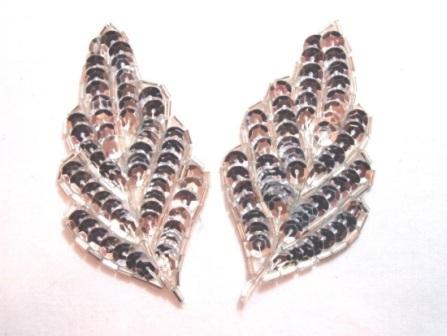 K8269  Silver Leaf Pair Sequin Beaded Appliques  3.25"-silver,embellishment,sewing,clothing,sequin,beaded,bead,sequins,applique,motif,silver,floral,flower,designer,star,royal,blue,leaf