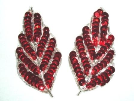 K8269  Red Silver Leaf Pair Sequin Beaded Appliques  3.25"