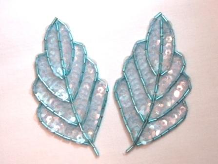 K8269 Lt. Blue Crystal AB Leaf Pair Sequin Beaded Appliques  3.25"