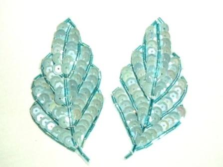 K8269 Lt. Blue Opaque Leaf Pair Sequin Beaded Appliques  3.25"