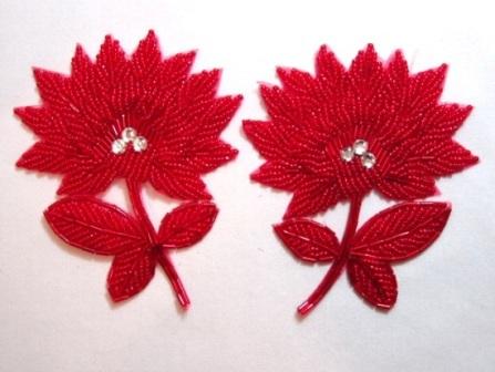 K8273  Red Floral Beaded Appliques 3.5"