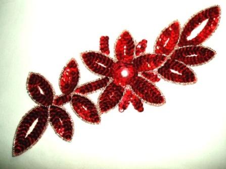 K8383  Red Rhinestone Floral Vine Sequin Beaded Applique  11"