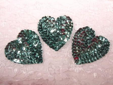 K8395A  Set of 3 Teal Heart  Sequin Appliques 2"